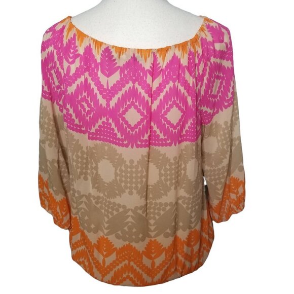 Trina Turk Pink Tan Orange Silk Blend Geo Print Drawstring Blouse Size Medium - Picture 5 of 10